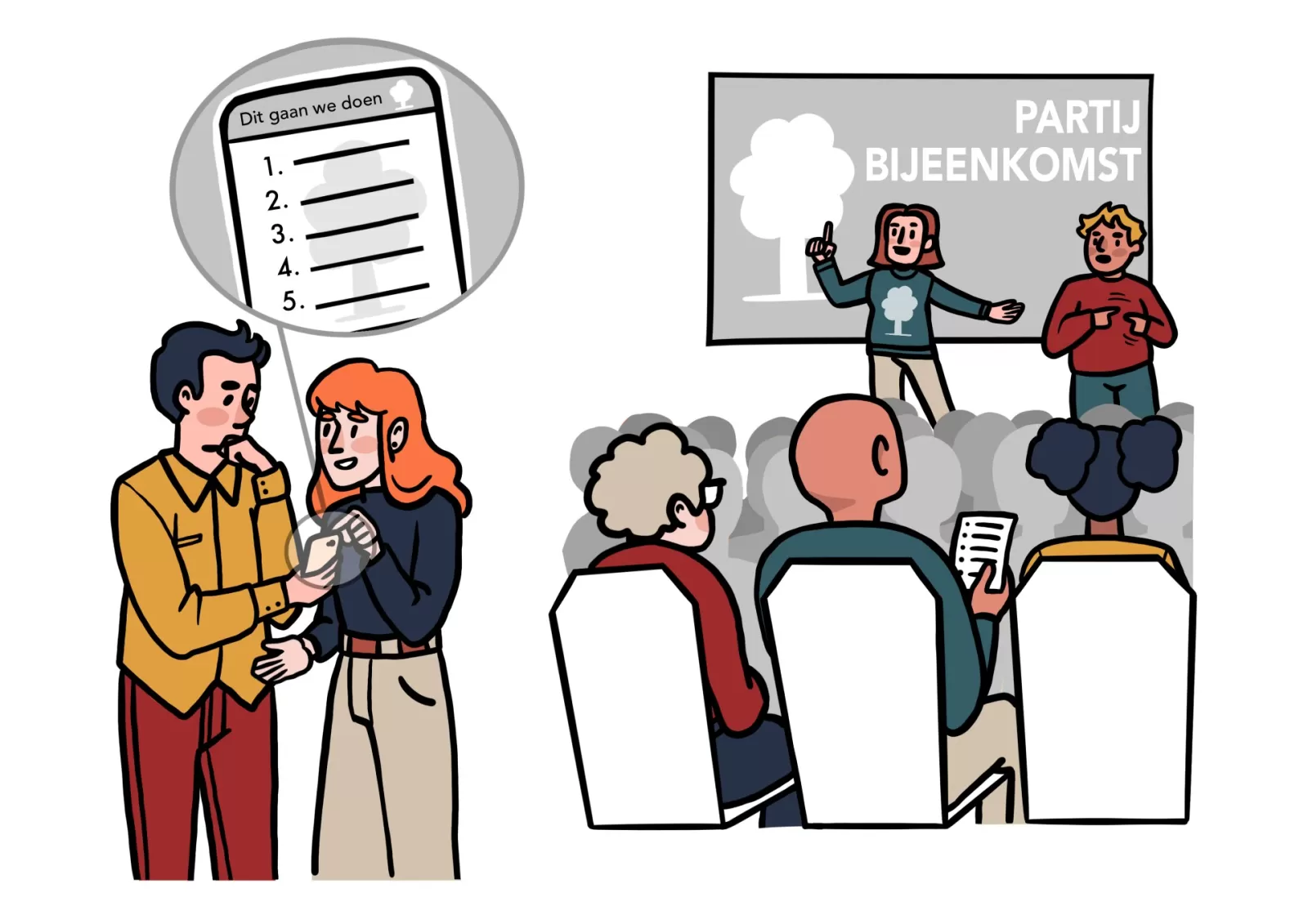 Twee illustraties. Links spreken twee mensen over een document op hun telefoon. Rechts kijkt een persoon uit het publiek op zijn telefoon mee tijdens een presentatie.