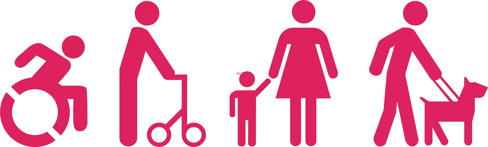 Vier rode iconen uit het logo van de Week van de Toegankelijkheid. Een persoon in een rolstoel, een persoon achter een rollator, een volwassene met een kind aan de hand, een persoon met een hulphond.